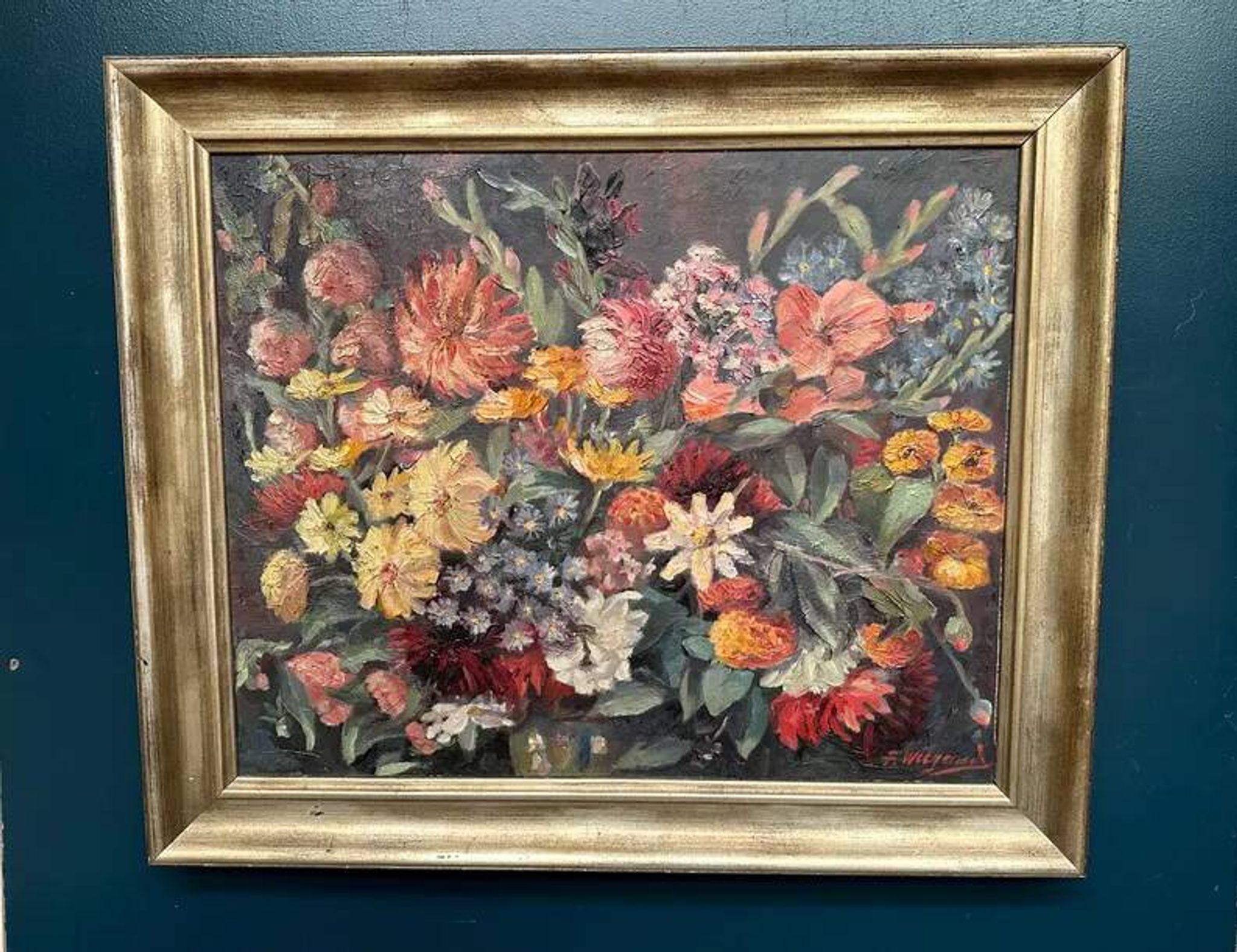 Original Still Life Oil on Canvas “Still Life with Flowers” by F. Wiegand