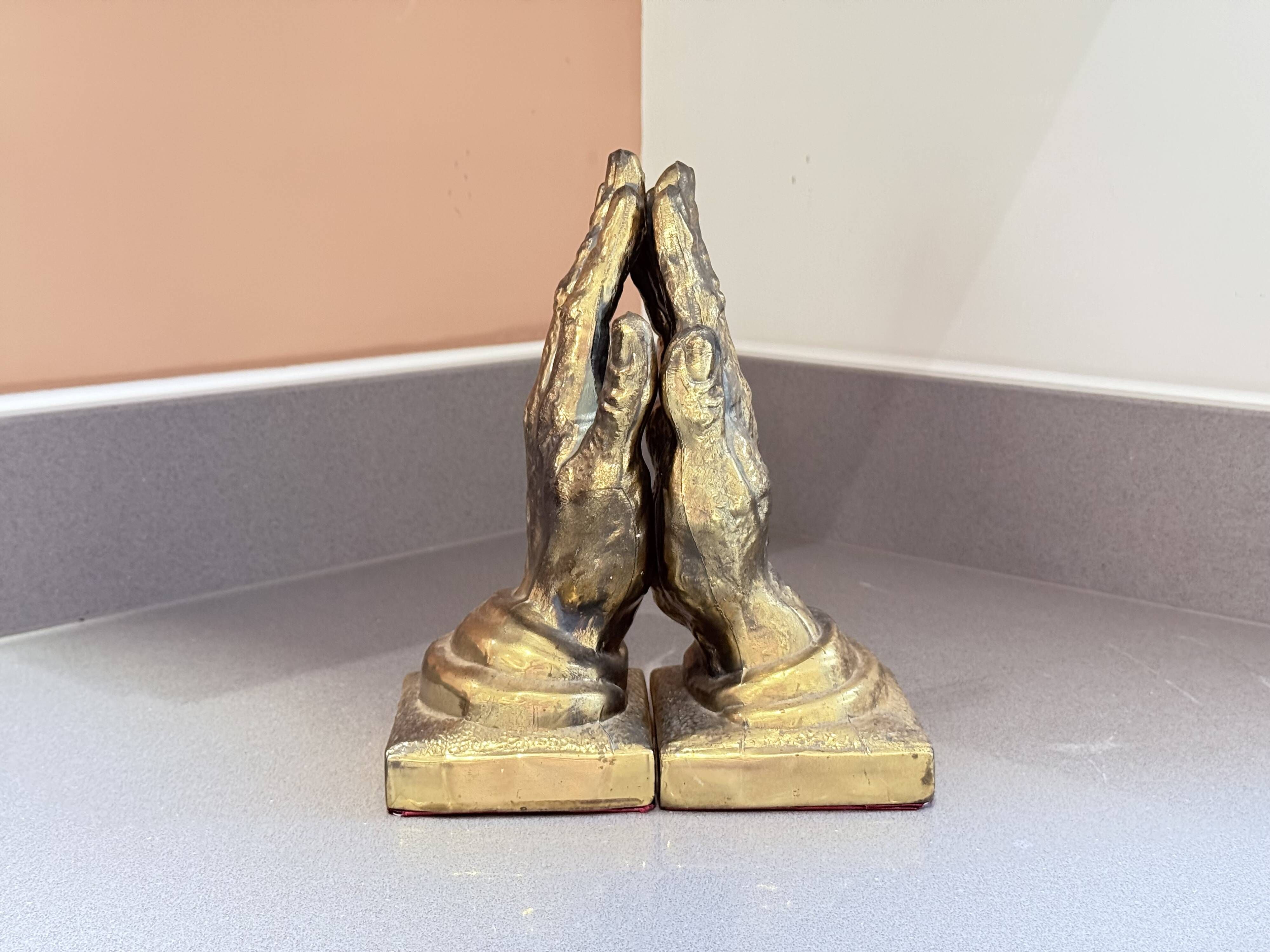 Vintage Gold-Tone Bookend Praying Hands Decorative Bronze Sculptural Book Holder