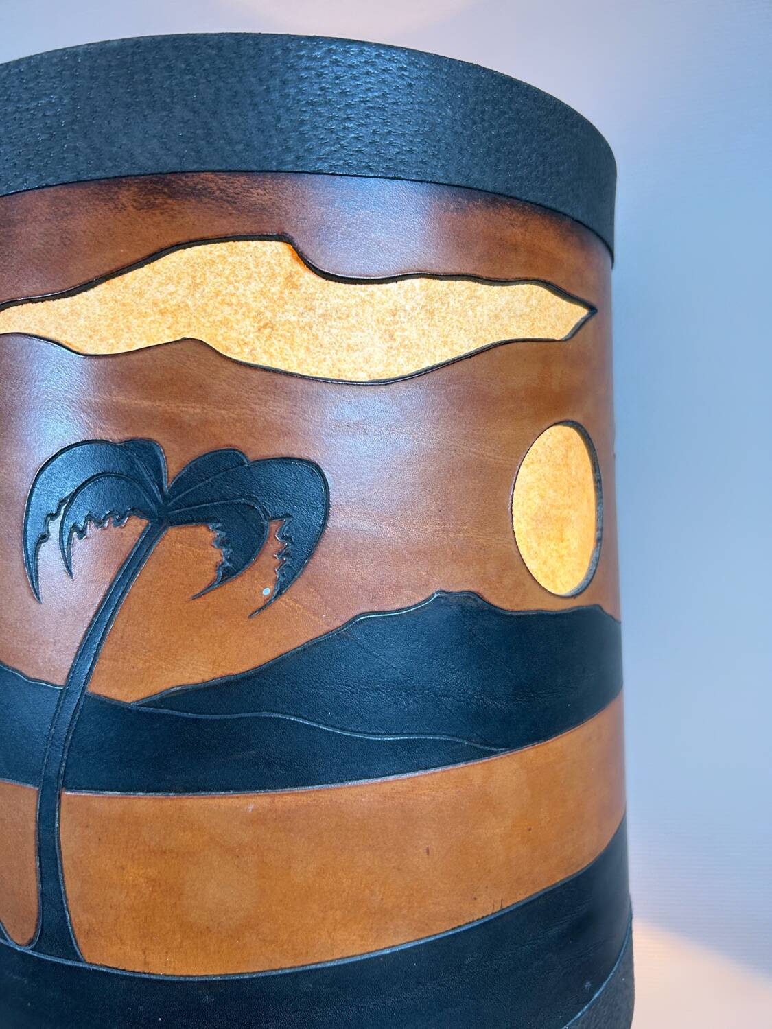 Original vintage ceramic and leather lamp