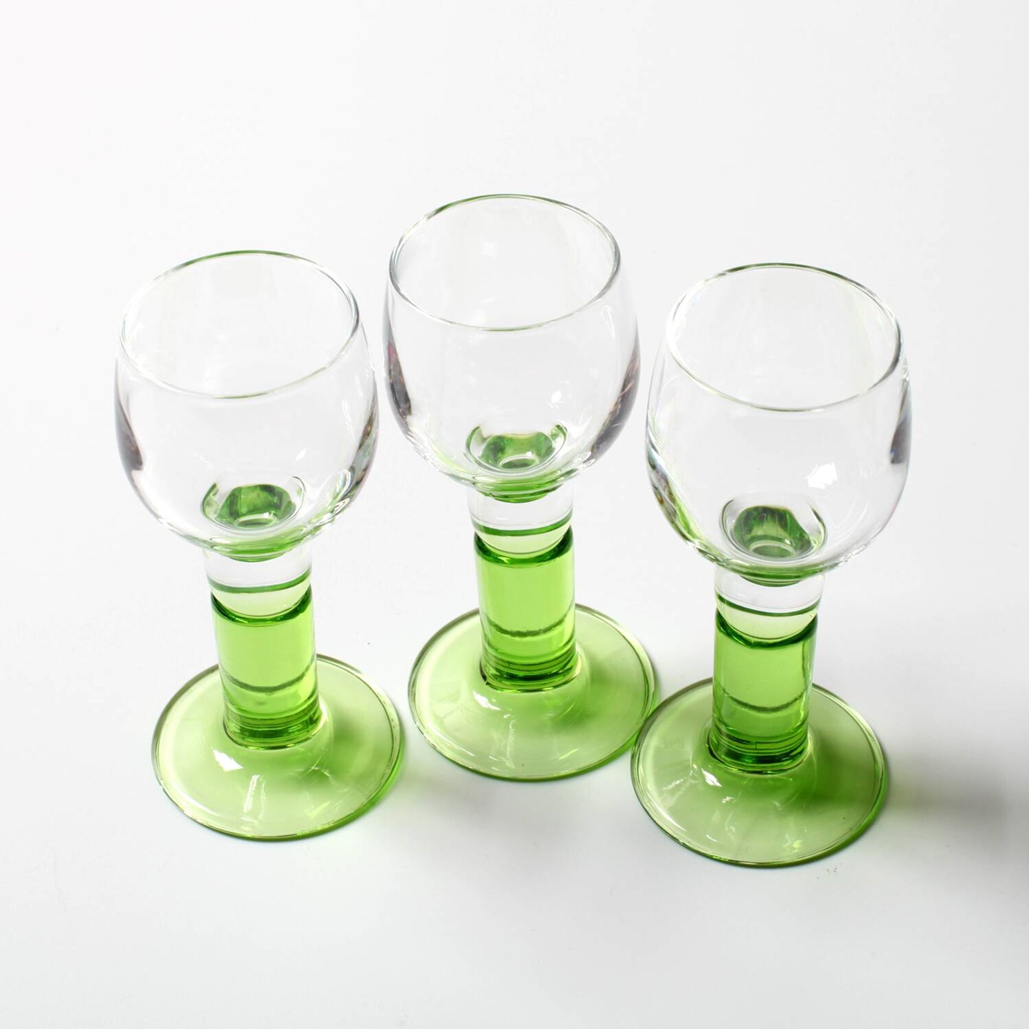 Set of 3 Vintage Limoncino Liqueur Glasses, Green Stem Shot Stemware / 1970