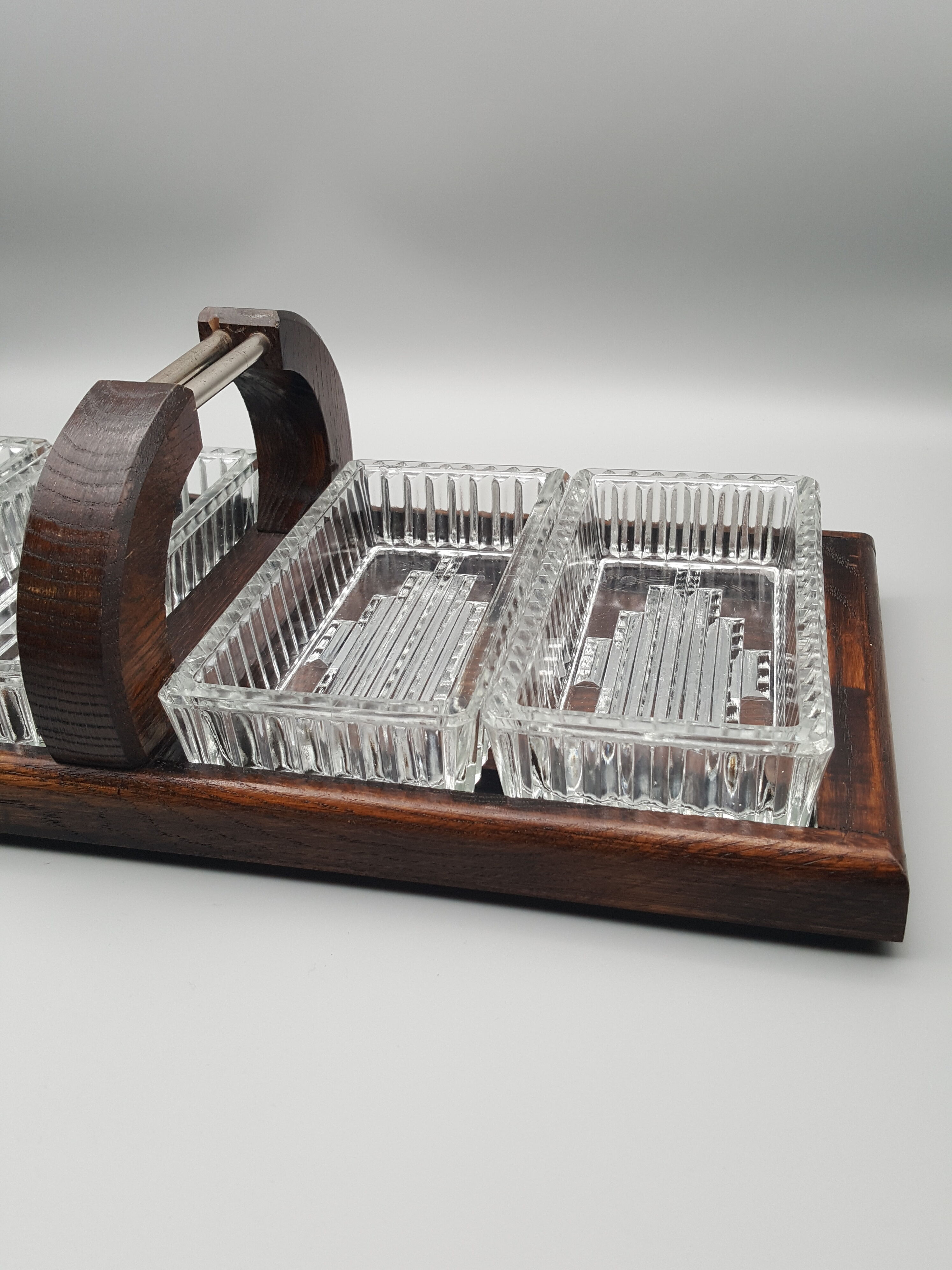 Wooden tray with glass ramekin handle servant aperitif appetizer vintage art deco appetizer
