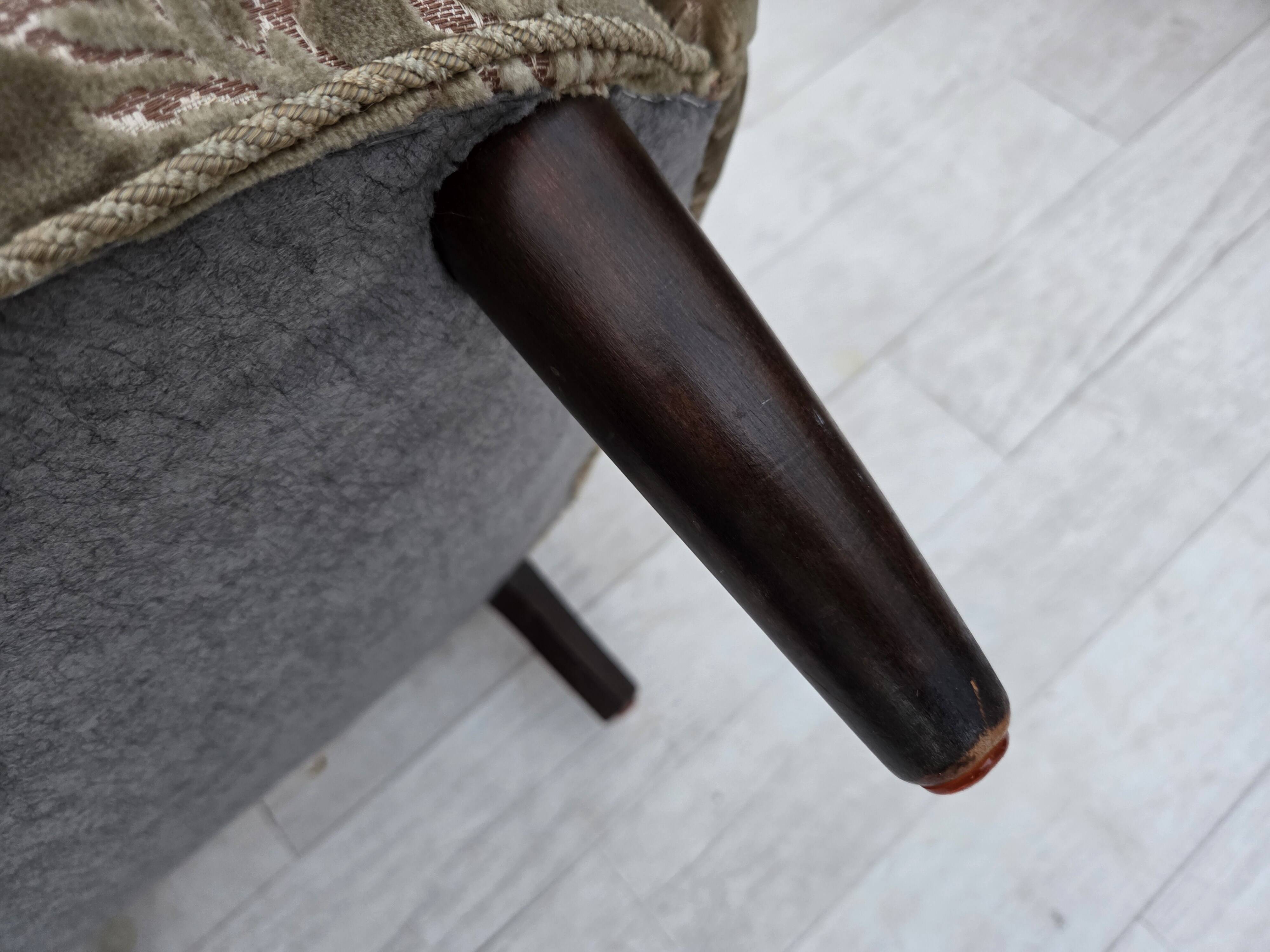 1960s, Danish armchair, light green furniture velour, teak wood legs.