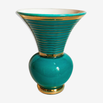 Vase art-déco en barbotine vert et or