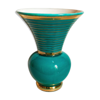 Vase art-déco en barbotine vert et or