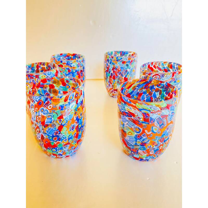 Set of 6 Multicolor Floral Murrine Glasses in the Style of Murano Glass