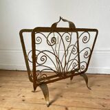 Vintage wrought iron magazine rack with gold butterfly design