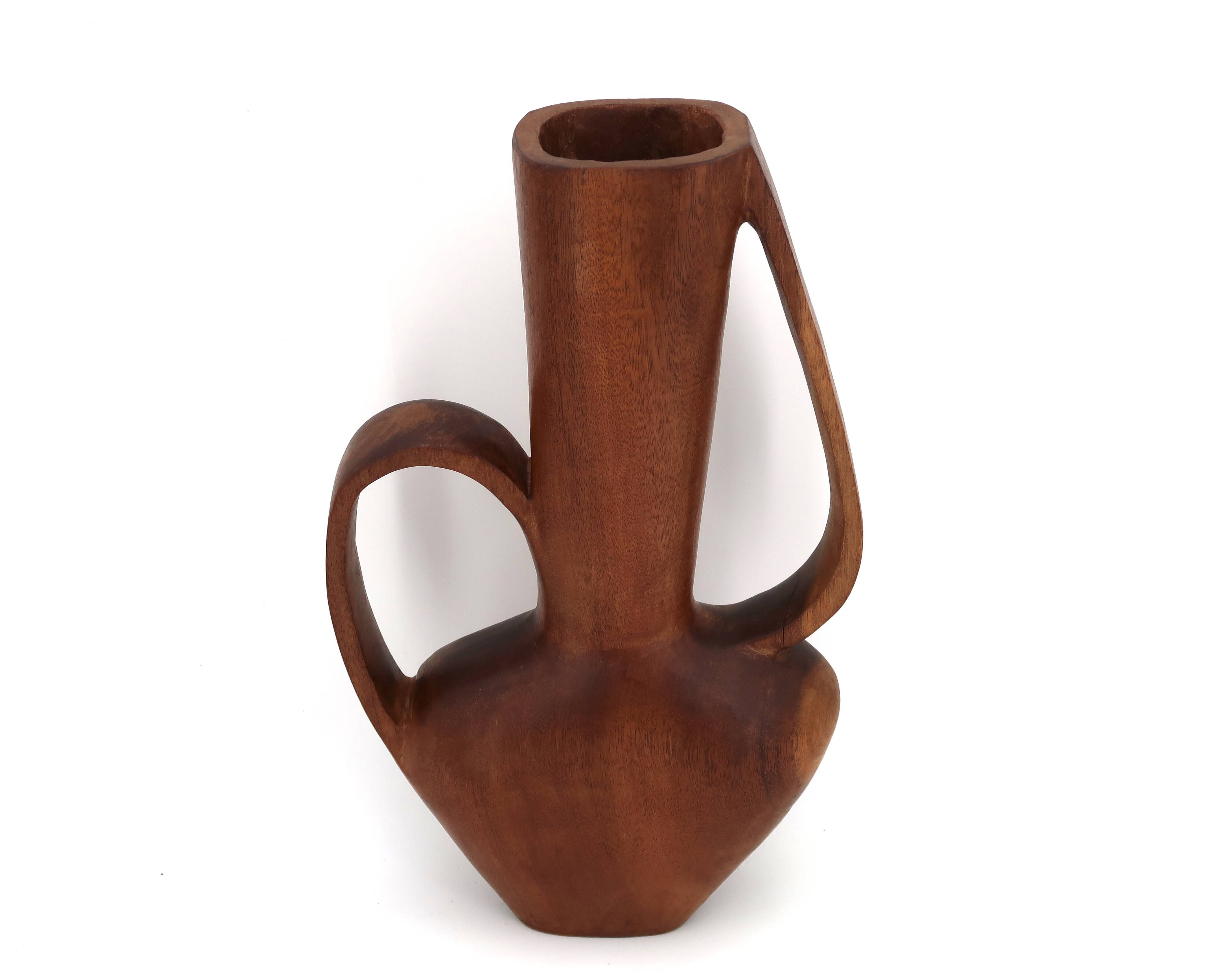 Grand vase jarre à anses sculptural en bois, années 50