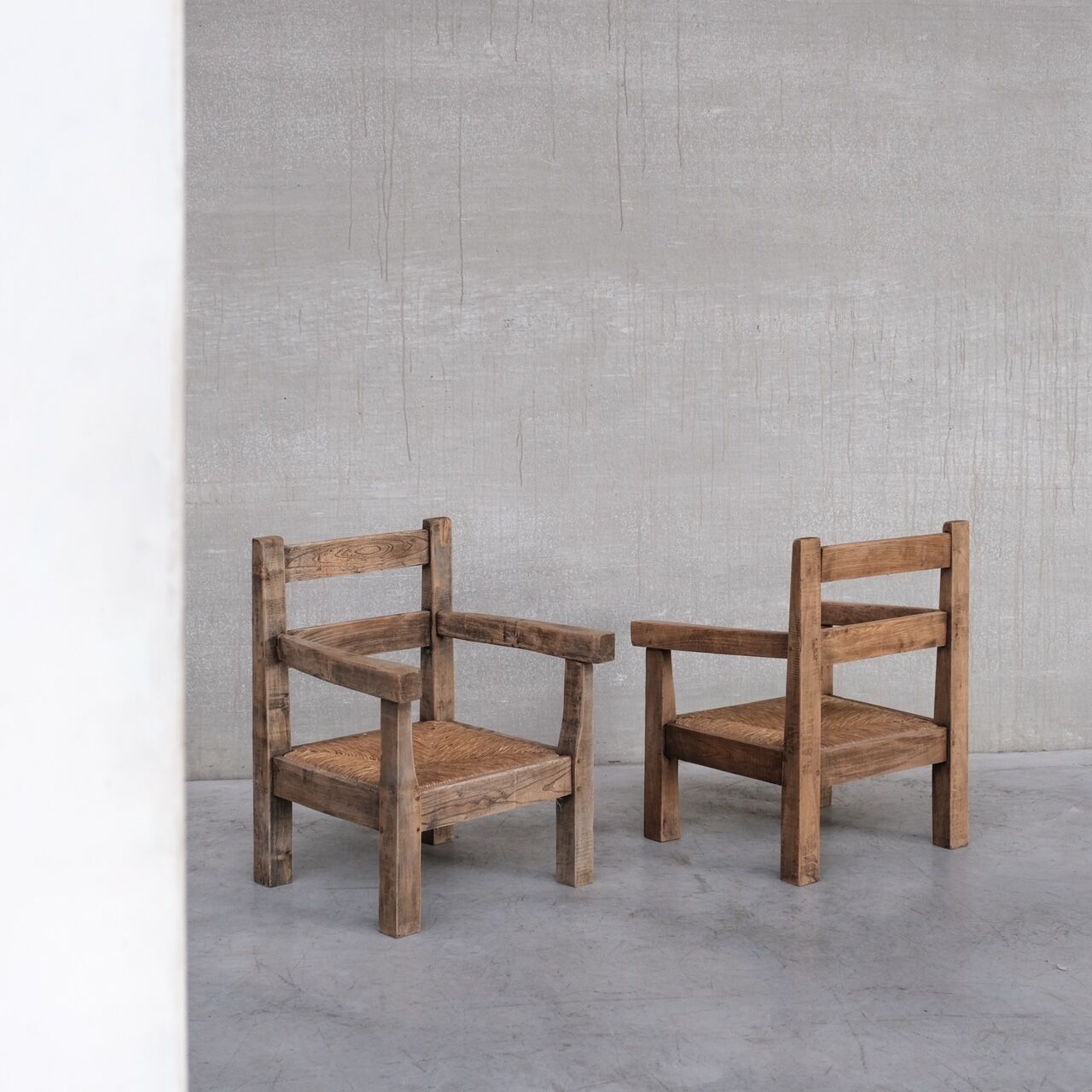 Pair of Mid-Century French Rush Primitive Oak Armchairs