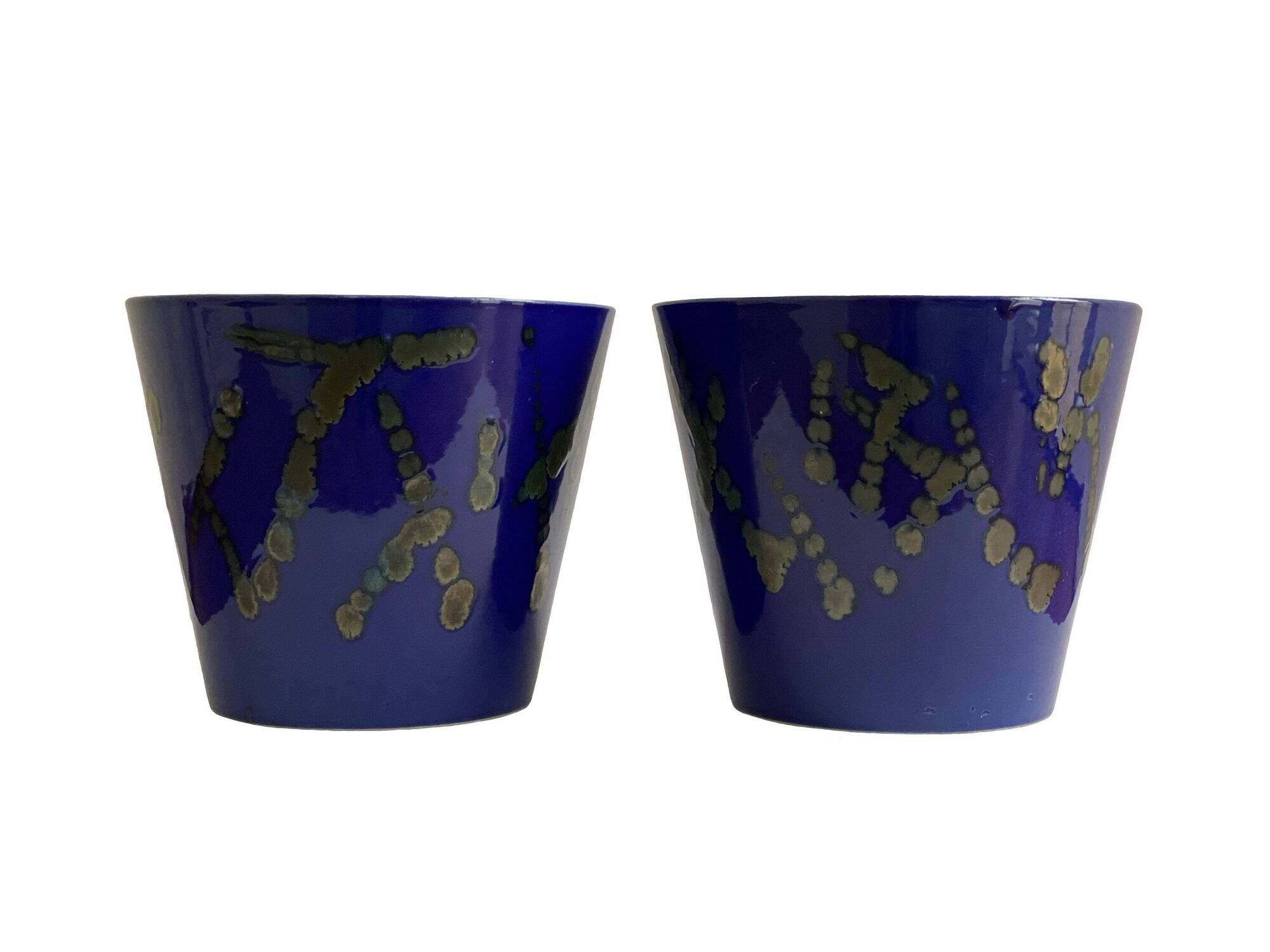Set of 2 blue West German ceramic planters / flower pots