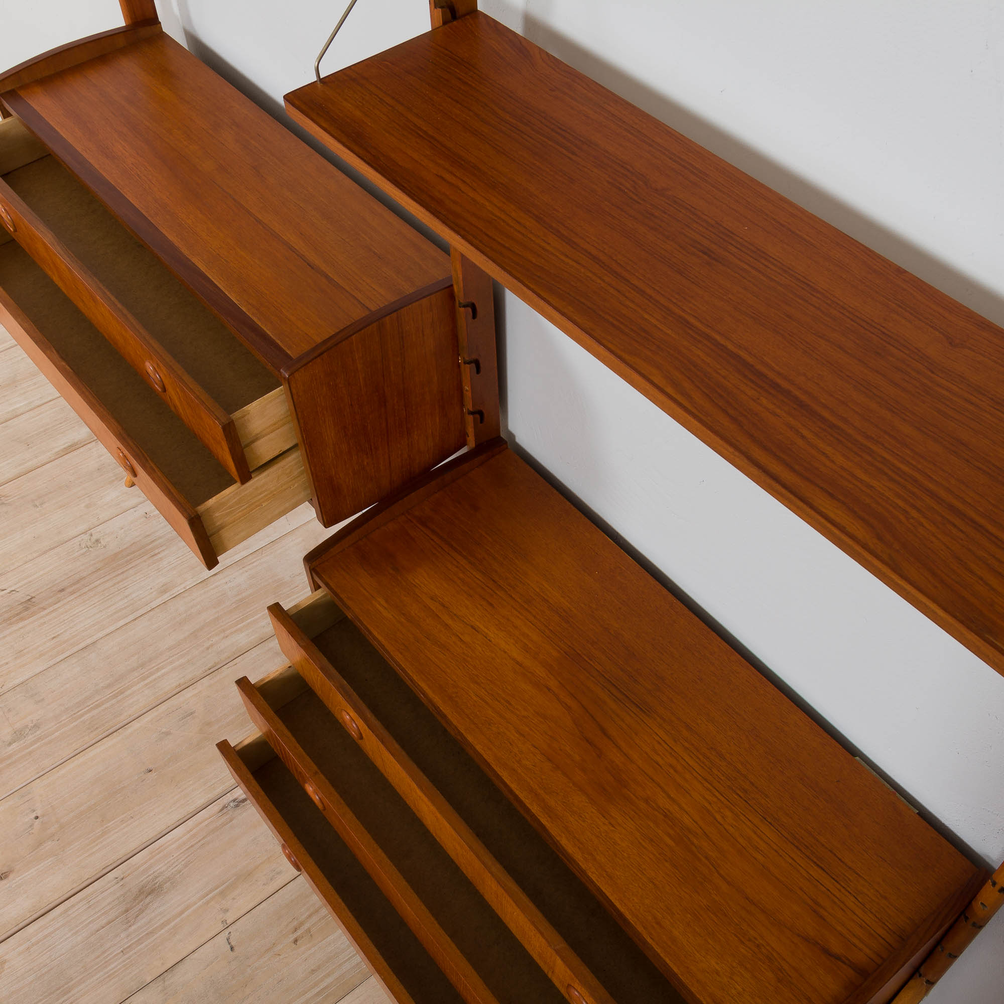 Teak 2-Bay Ergo Modular Wall Unit with double chest of drawers, a cabinet & 2 shelves by John Texmon
