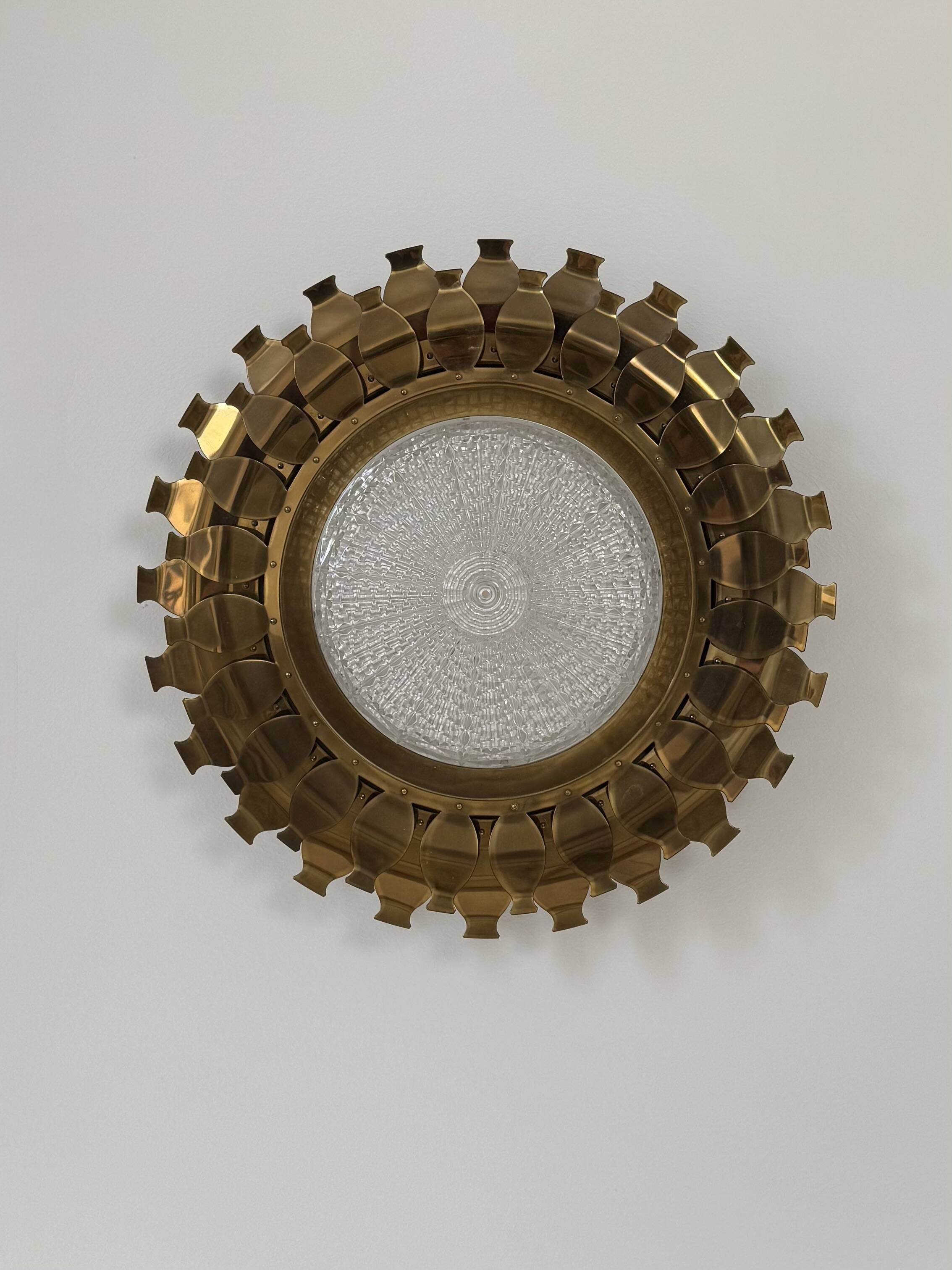 Vintage brass and pressed glass wall light, Sweden, 1960.
