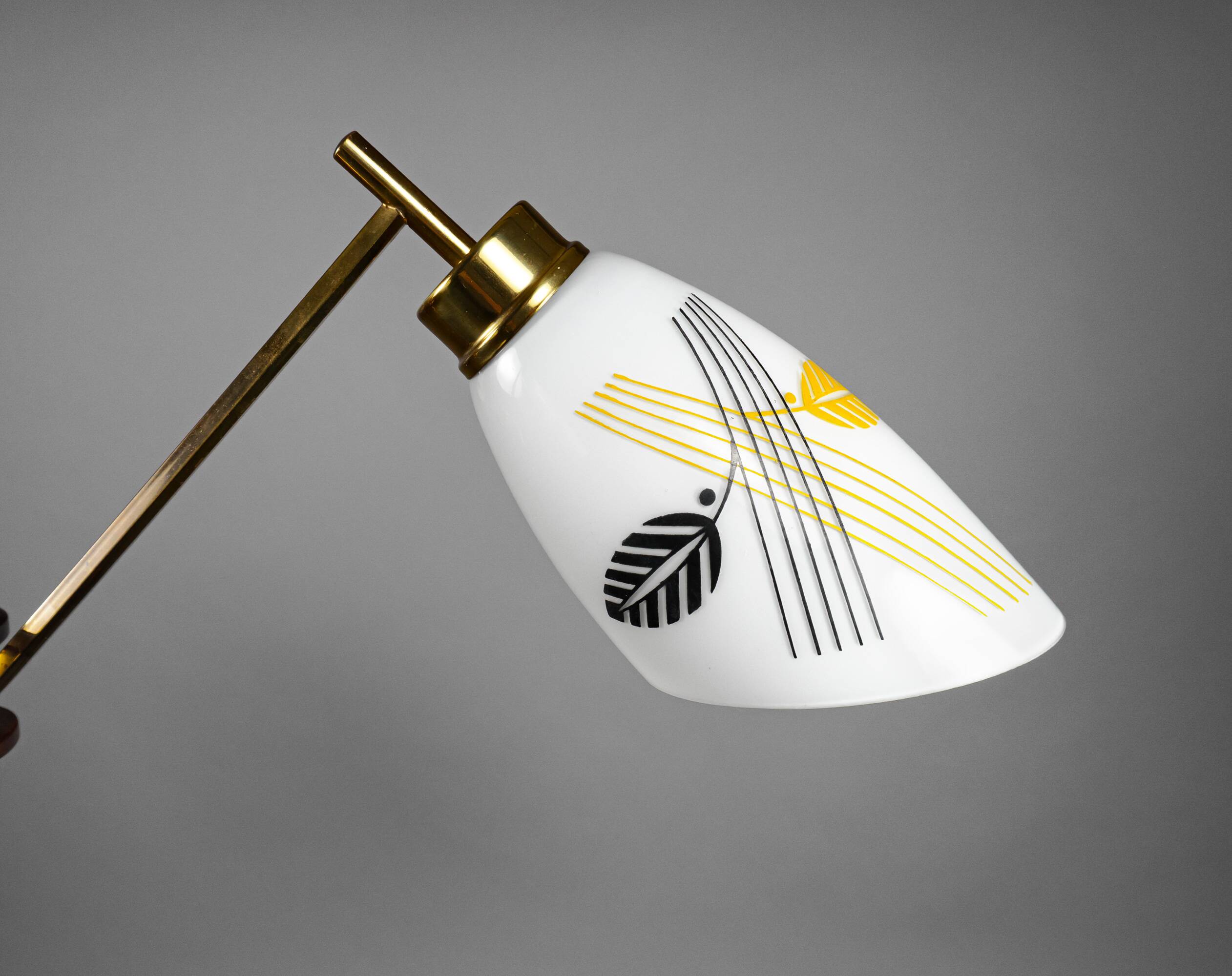 1950s Mid-Century French Glass, Brass & Teak 3-Arm Chandelier