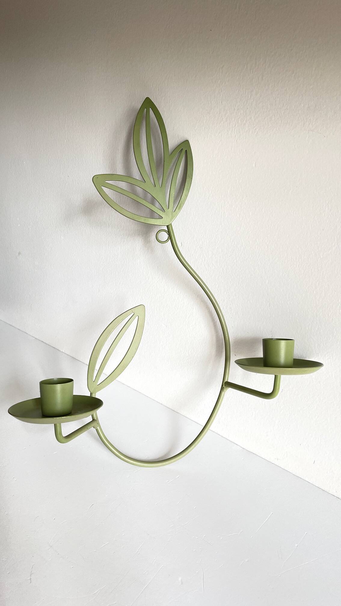 Wall Candle Holder, Green Metal Leaves