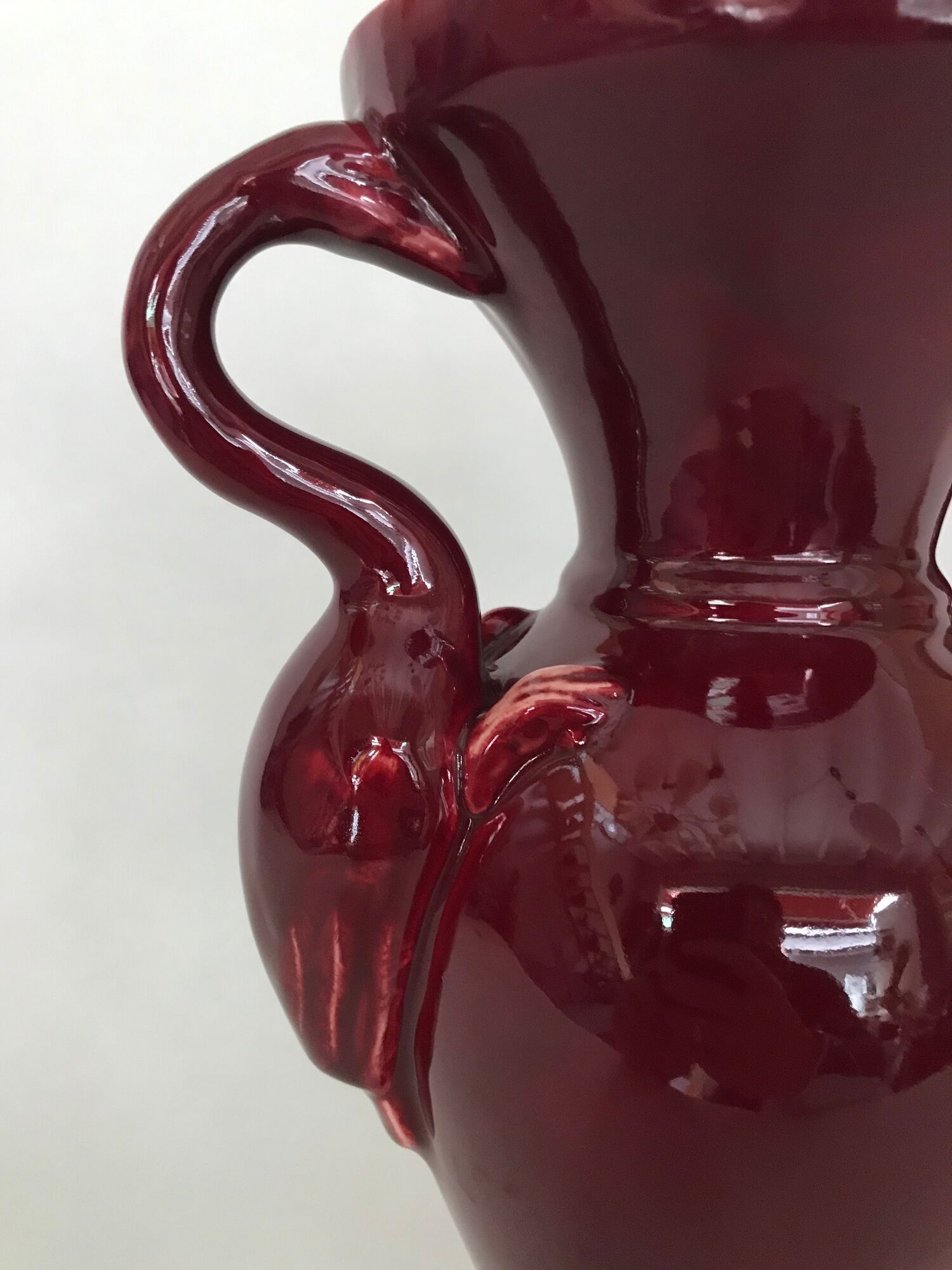 Red baluster vase with pink flamingo handles, signed Ray Camart, Antibes, circa 1960