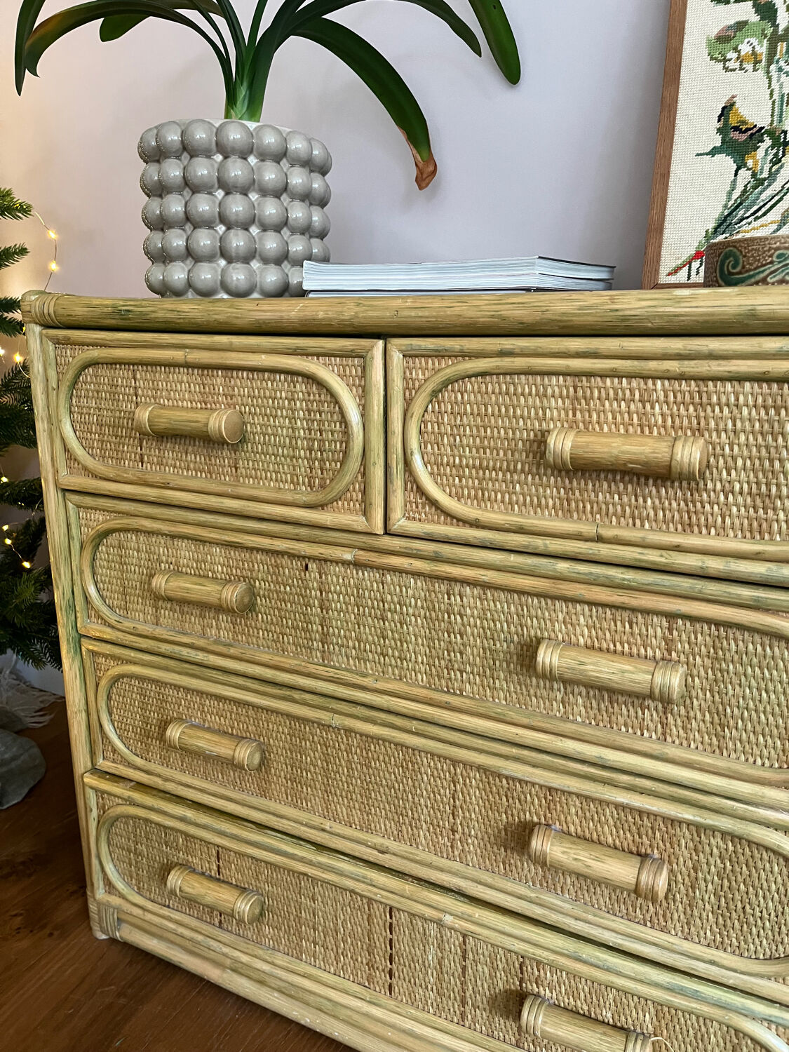 Charming rattan and bamboo chest of drawers.