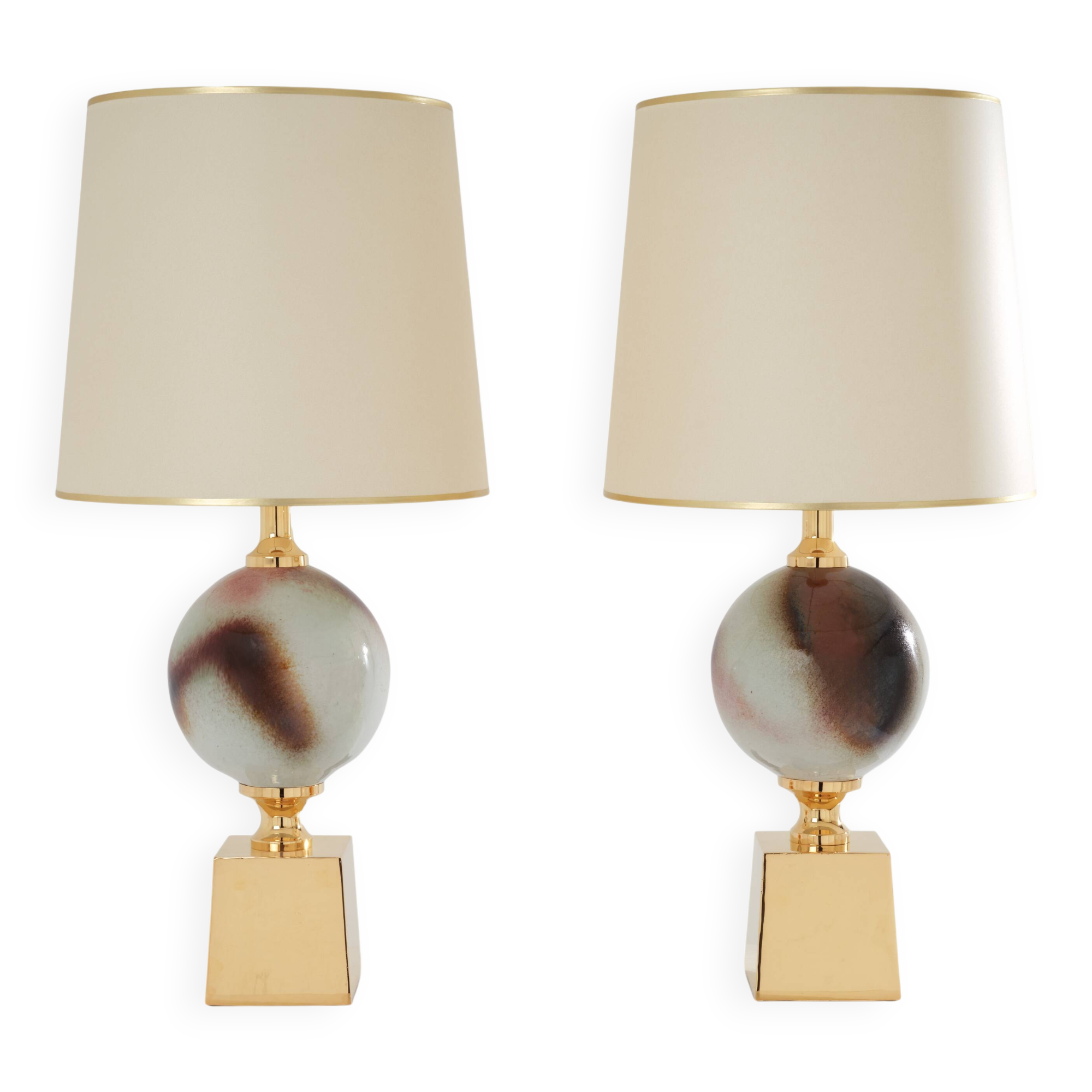 Pair of ceramic and brass lamps by Philippe Barbier, 1970s