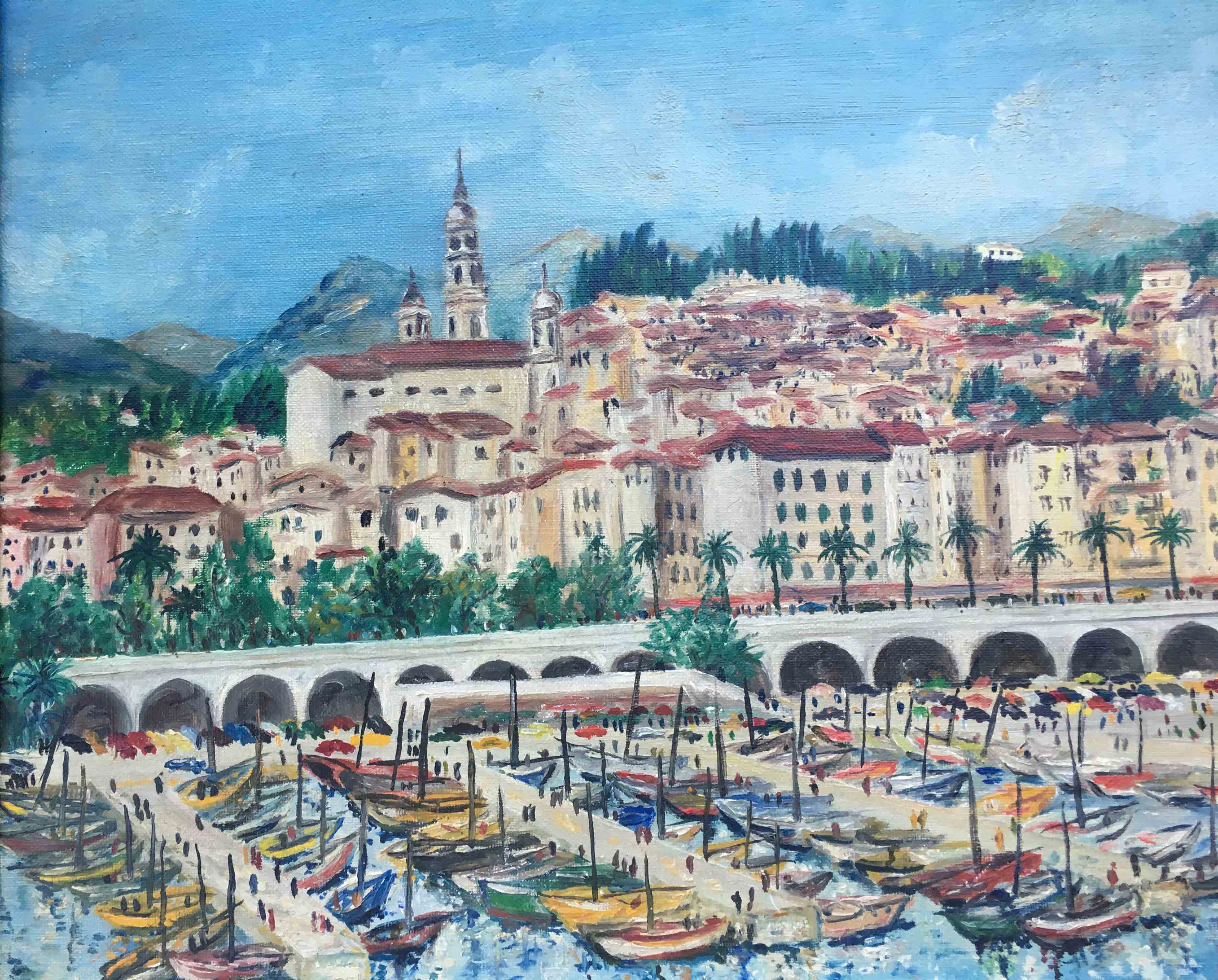 Painting port de Menton by Jacques Cuffaut, mid-twentieth century with frame