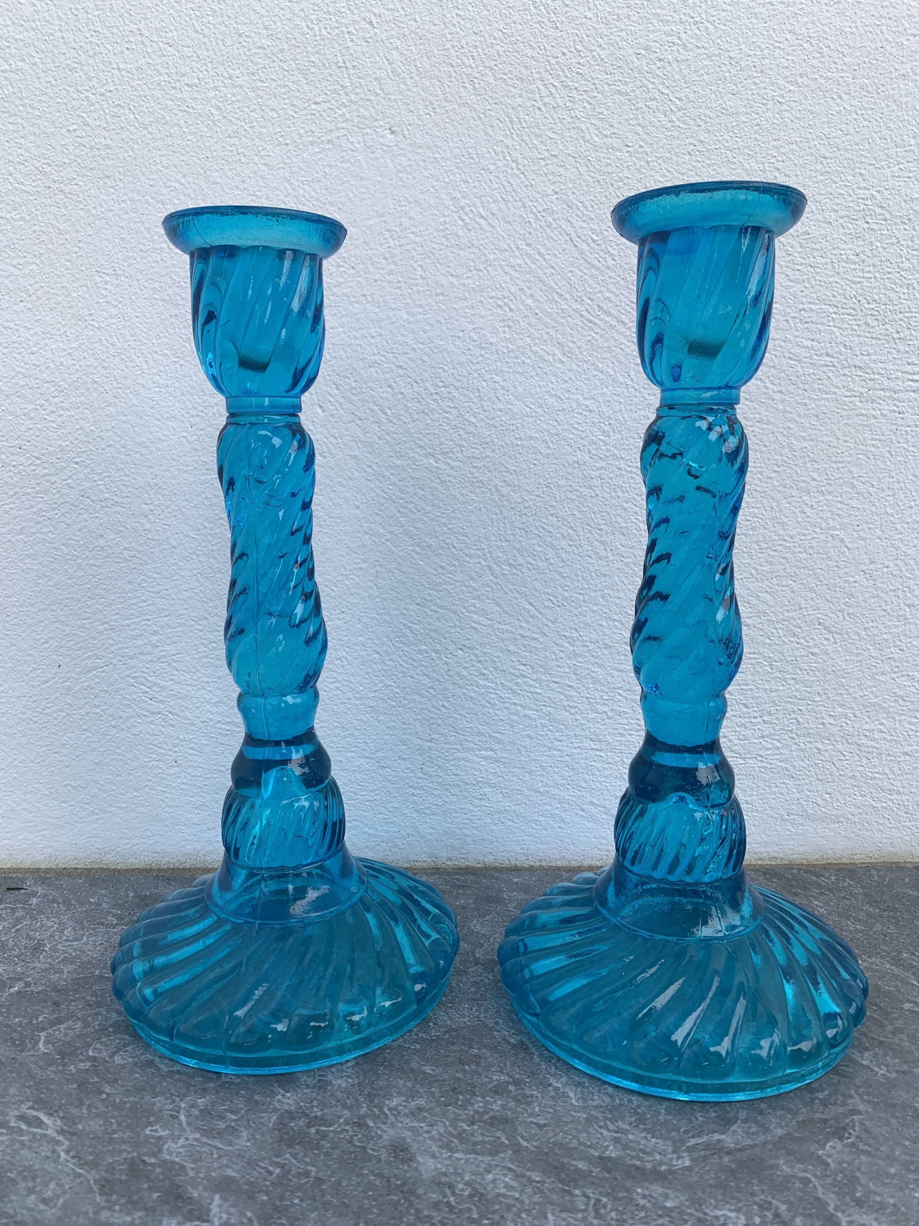 Pair of molded pressed blue glass candle holders