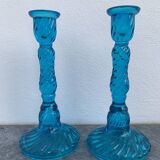 Pair of molded pressed blue glass candle holders