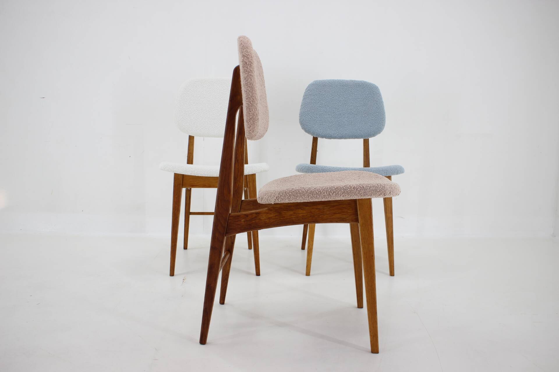 1960s Set of Three Oak Dining Chairs in Boucle, Czechoslovakia