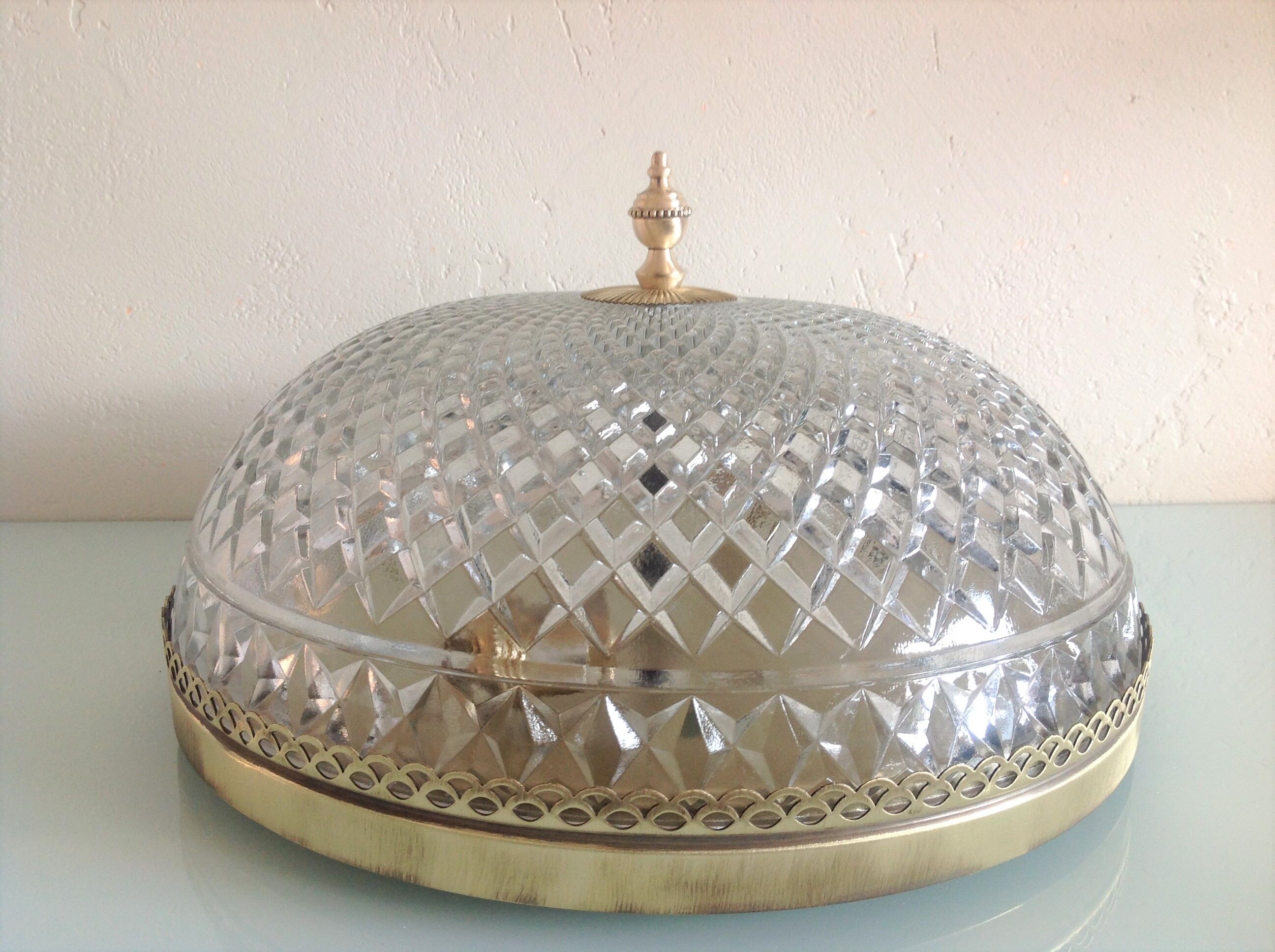 Round ceiling lamp in structured glass art deco style 30s-40s