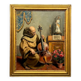 Painting signed “Monk playing the cello”.