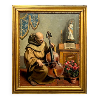 Painting signed “Monk playing the cello”.