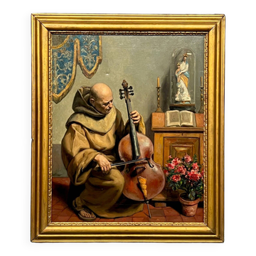 Painting signed “Monk playing the cello”.