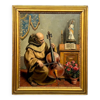 Tableau signé «Moine jouant du violoncelle».