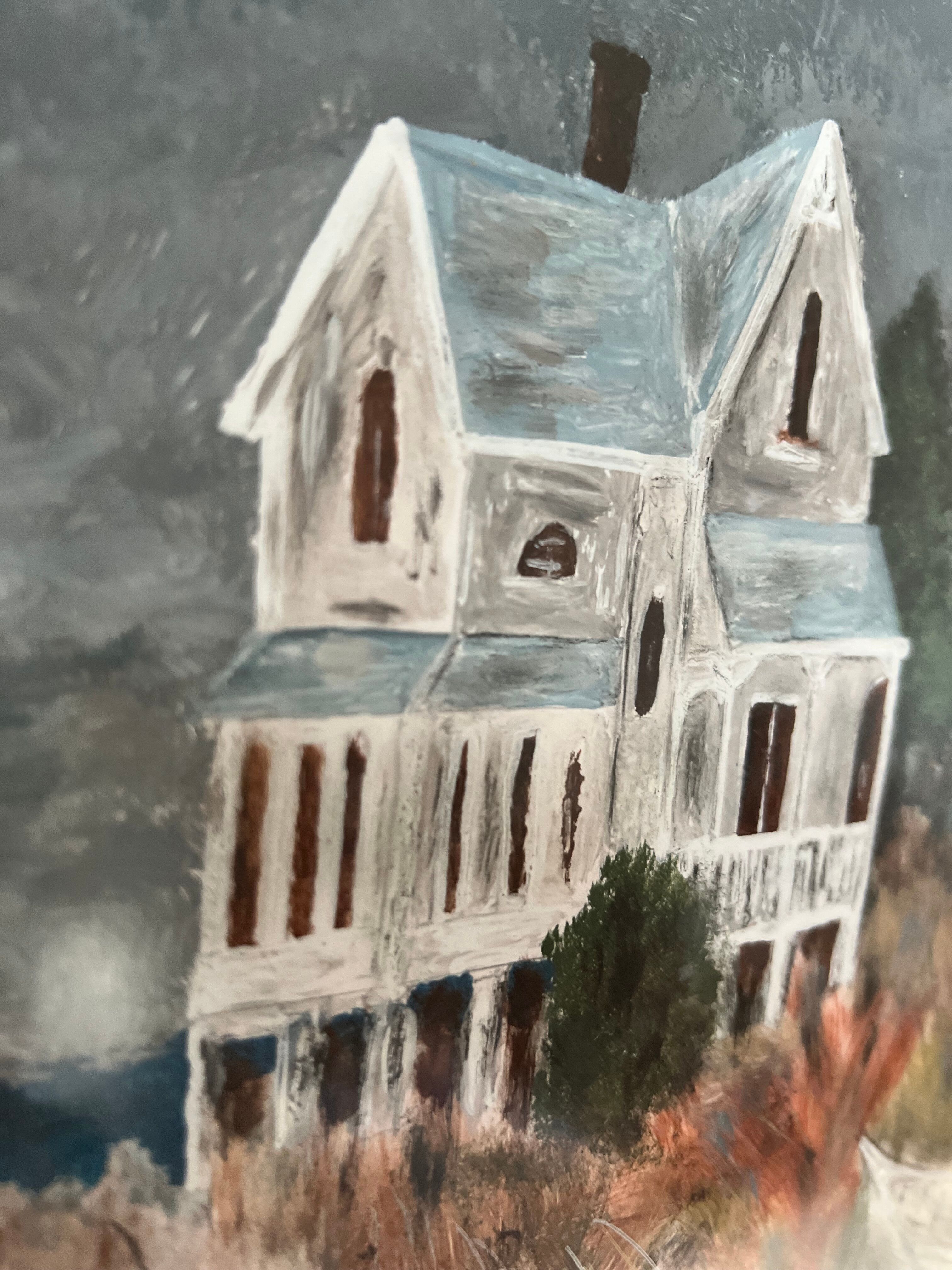 Painting of house by the sea, handmade, on thick paper