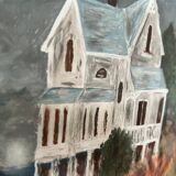 Painting of house by the sea, handmade, on thick paper