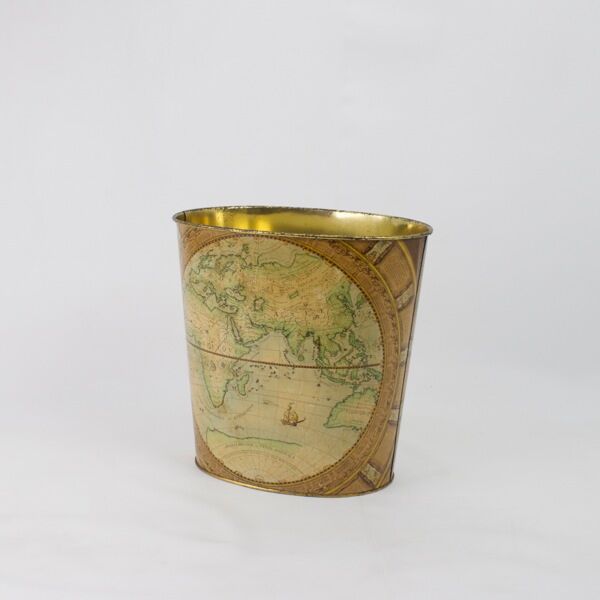 Wastepaper basket Massilly France vintage sheet metal decoration planisphere, 1960