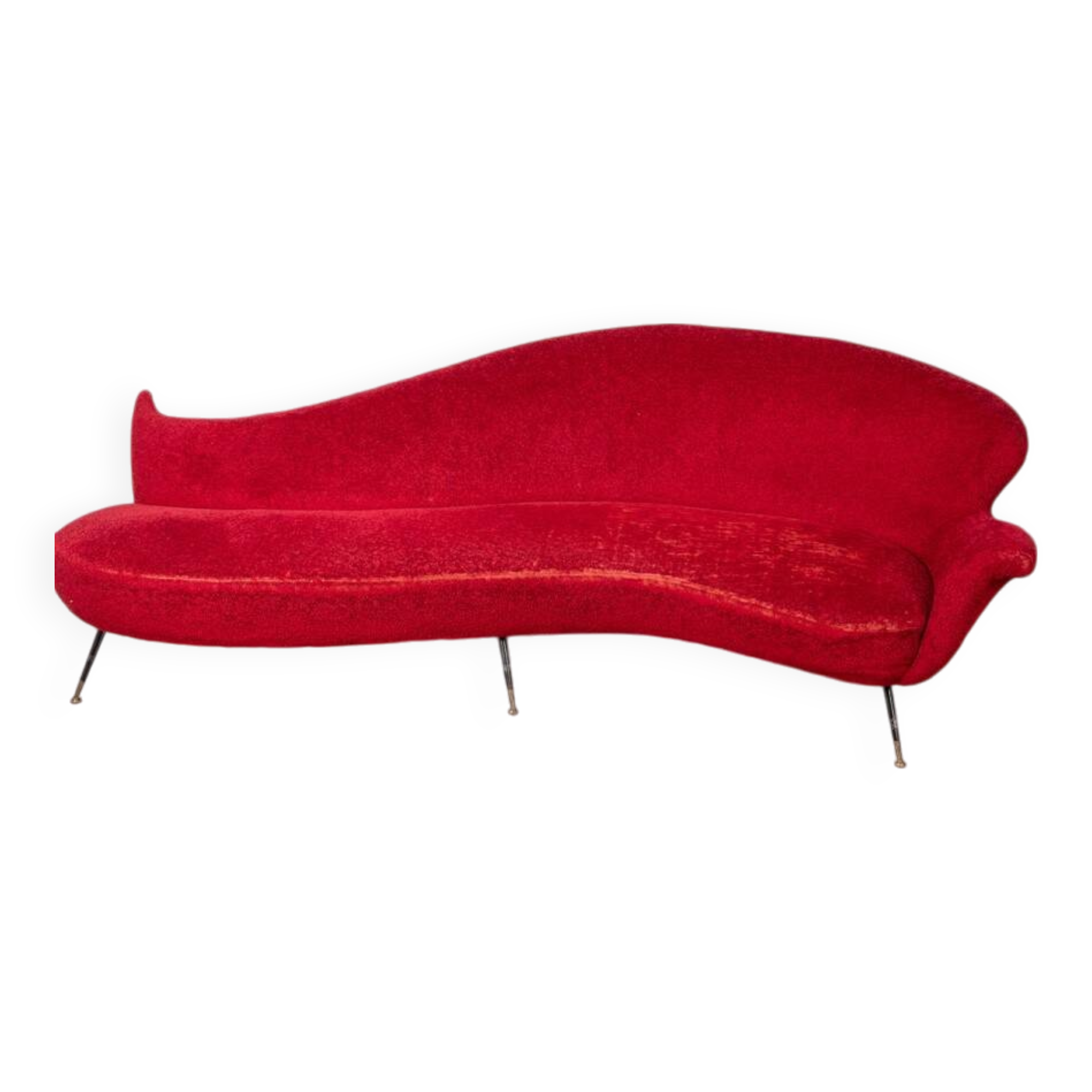 Large 1950s vintage curved sofa in red velvet italian design