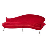 Large 1950s vintage curved sofa in red velvet italian design