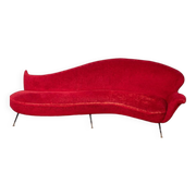 Large 1950s vintage curved sofa in red velvet italian design