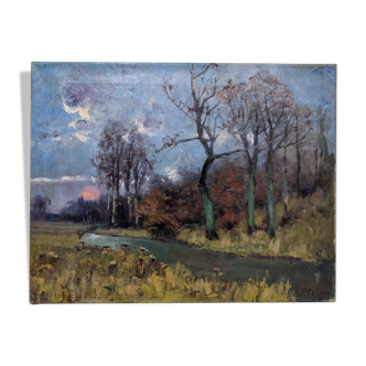 Tableau XXe paysage lacustre coucher de soleil Pierre Colson