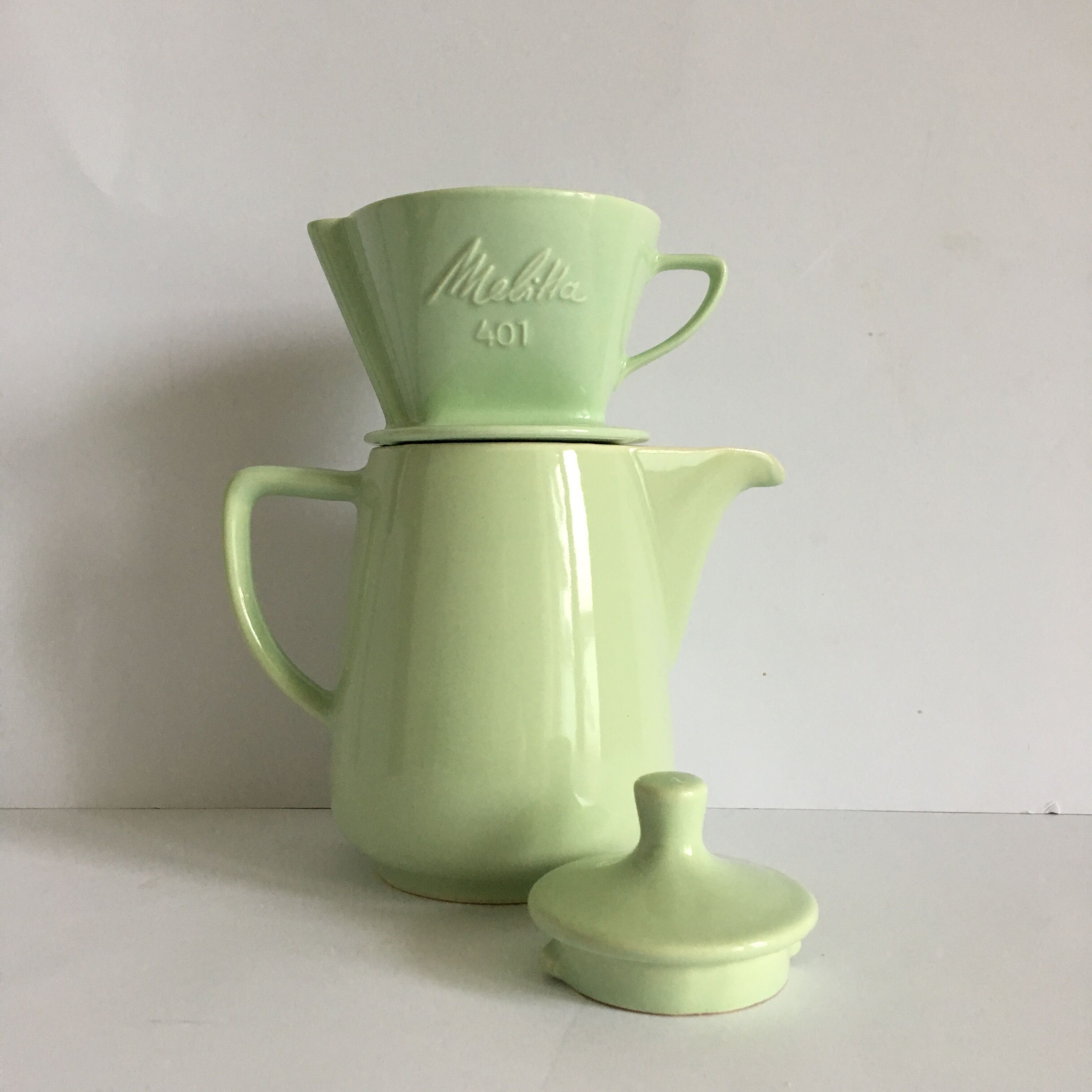 Melitta ceramic coffeepot & filter, 1960
