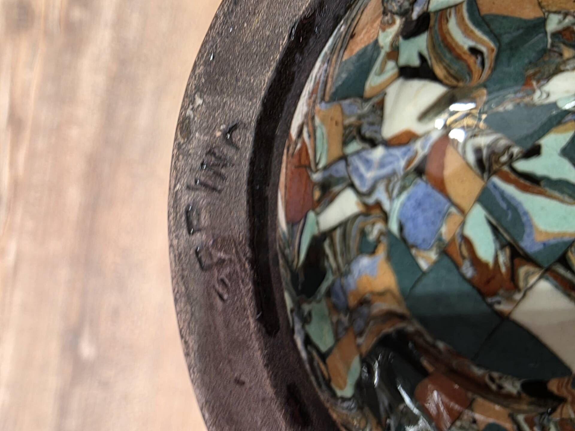 Rare diabolo vase by Jean Gerbino, Vallauris, 15 cm, mixed earth mosaic.