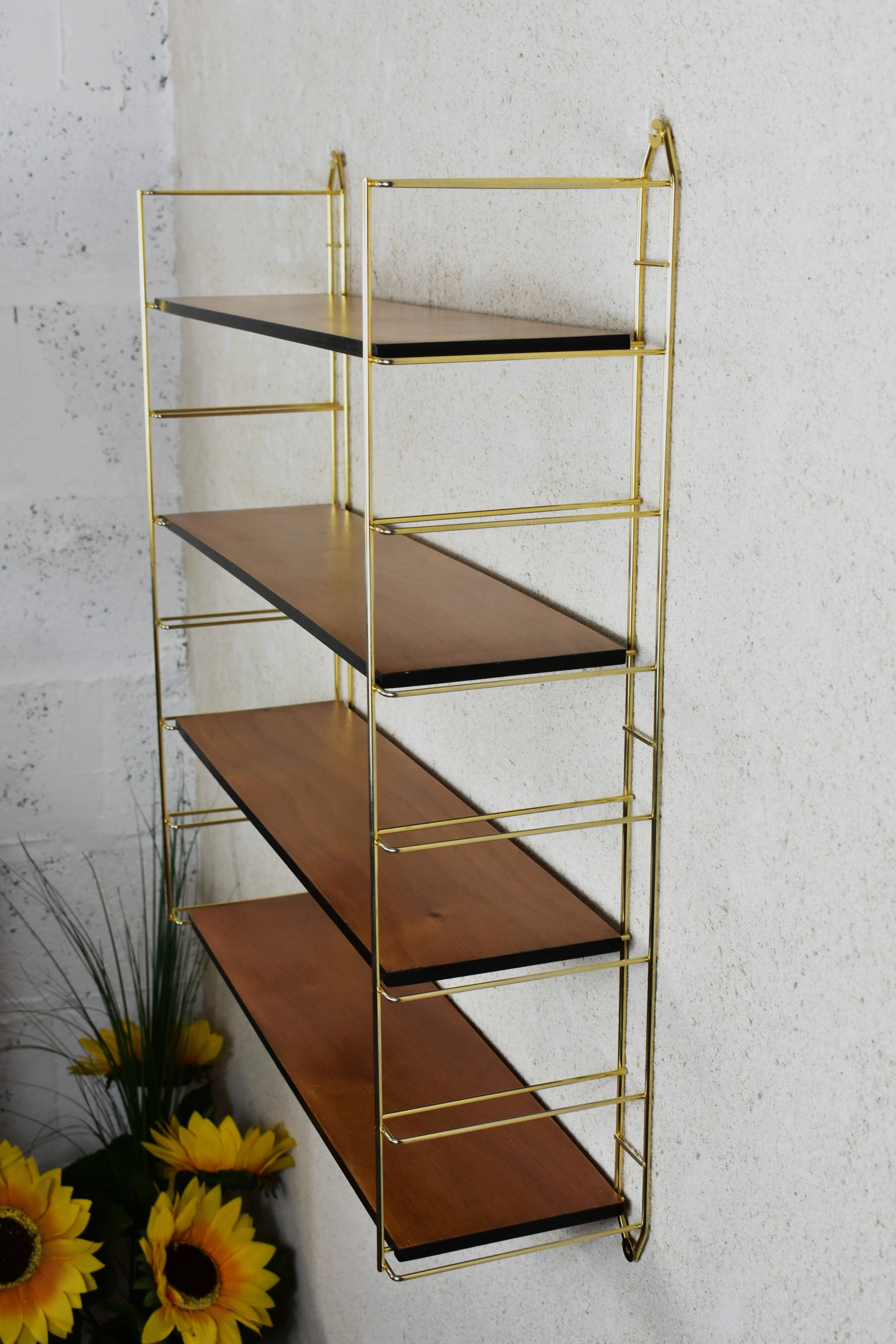 Tomado shelf, wood and gold metal.
