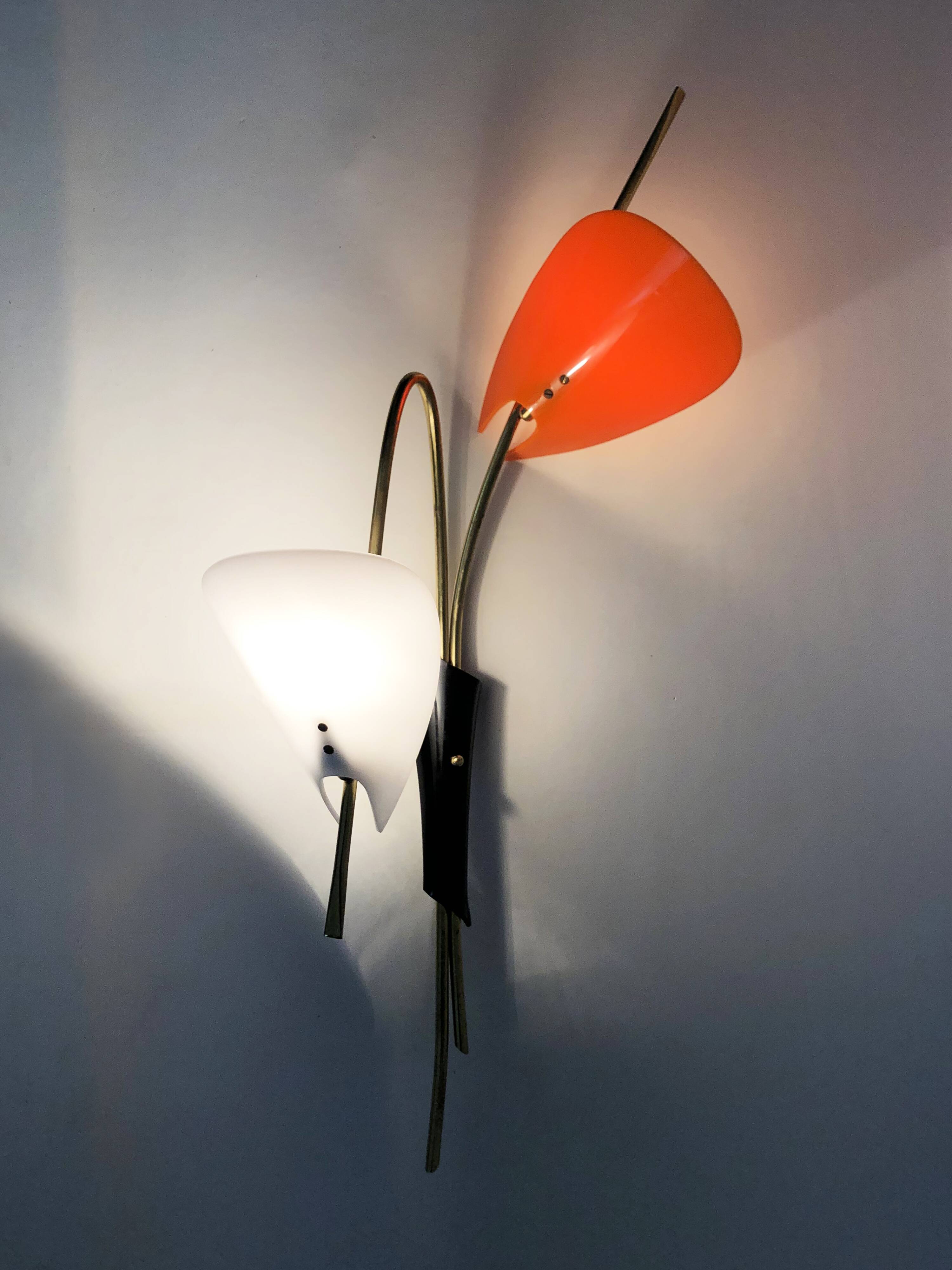 Pair of Mid-Century orange and white Arum wall sconces, Italy, 1950s