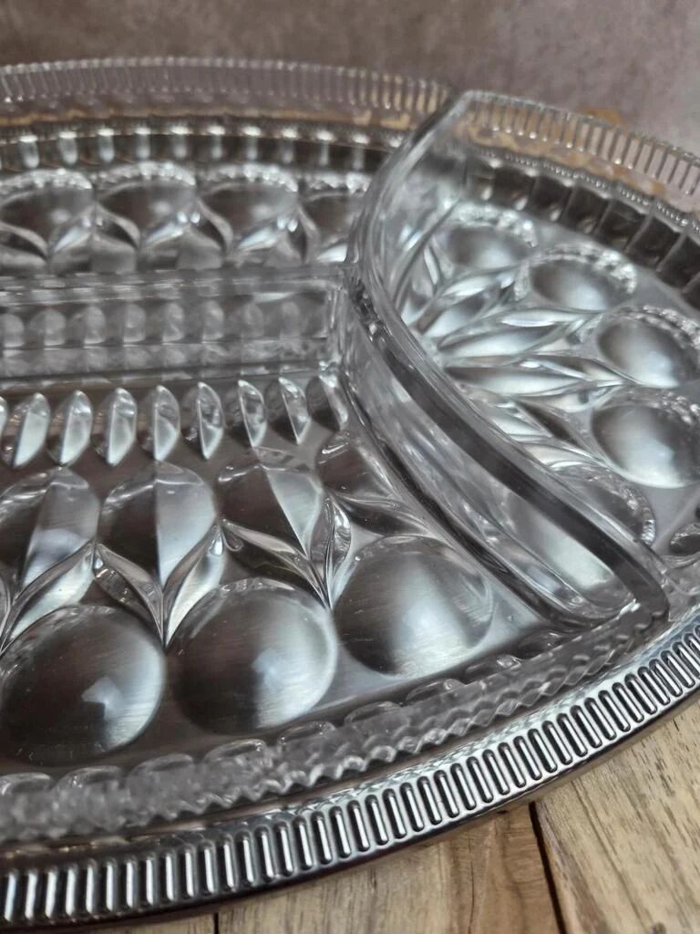 Vintage silver-plated metal tray with a segmented glass aperitif dish.