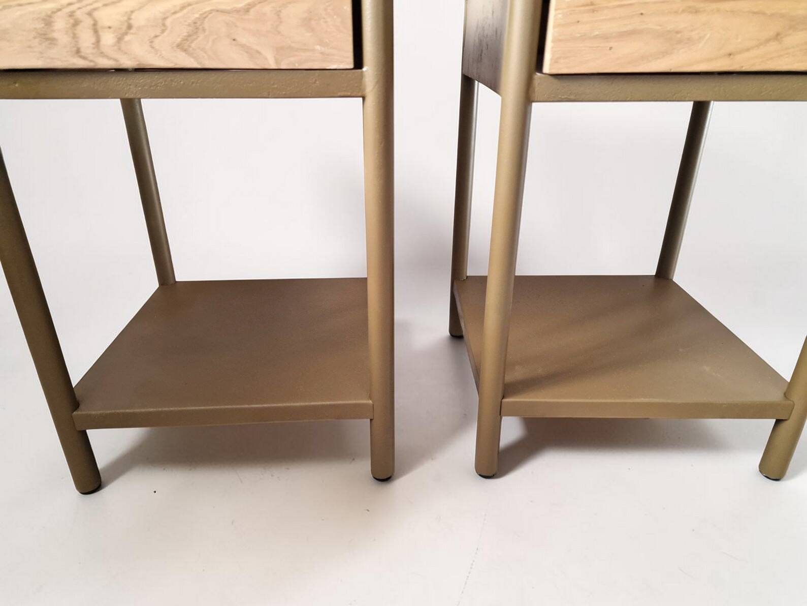 Vintage bedside tables in metal and brown beige wood.