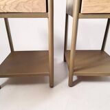 Vintage bedside tables in metal and brown beige wood.