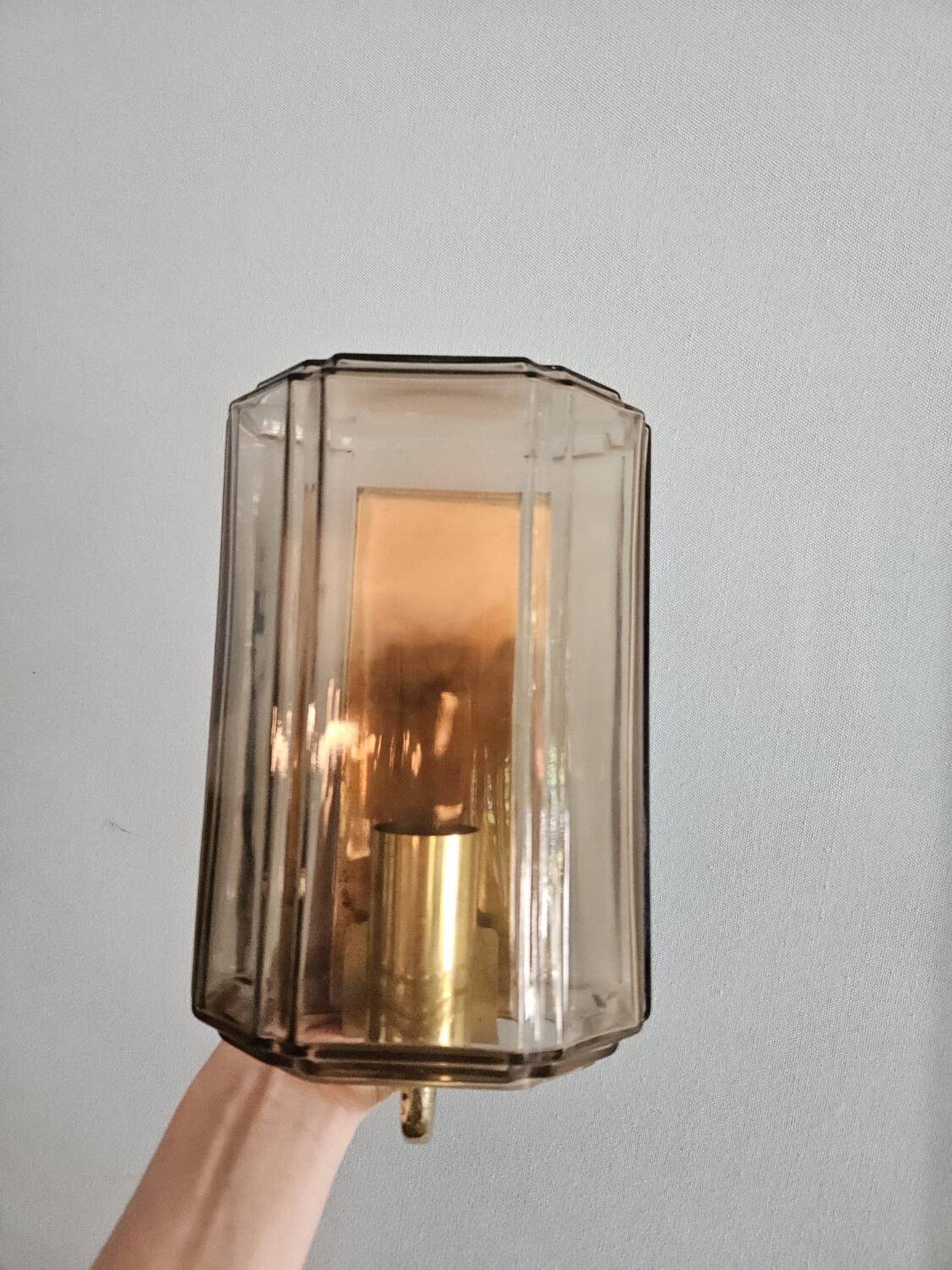 Pair of glass and brass wall lights, 1960s.