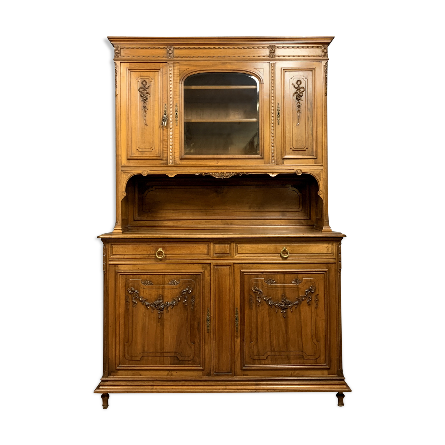 Buffet two bodies Louis XVI in solid walnut with blond patina around 1880-1900