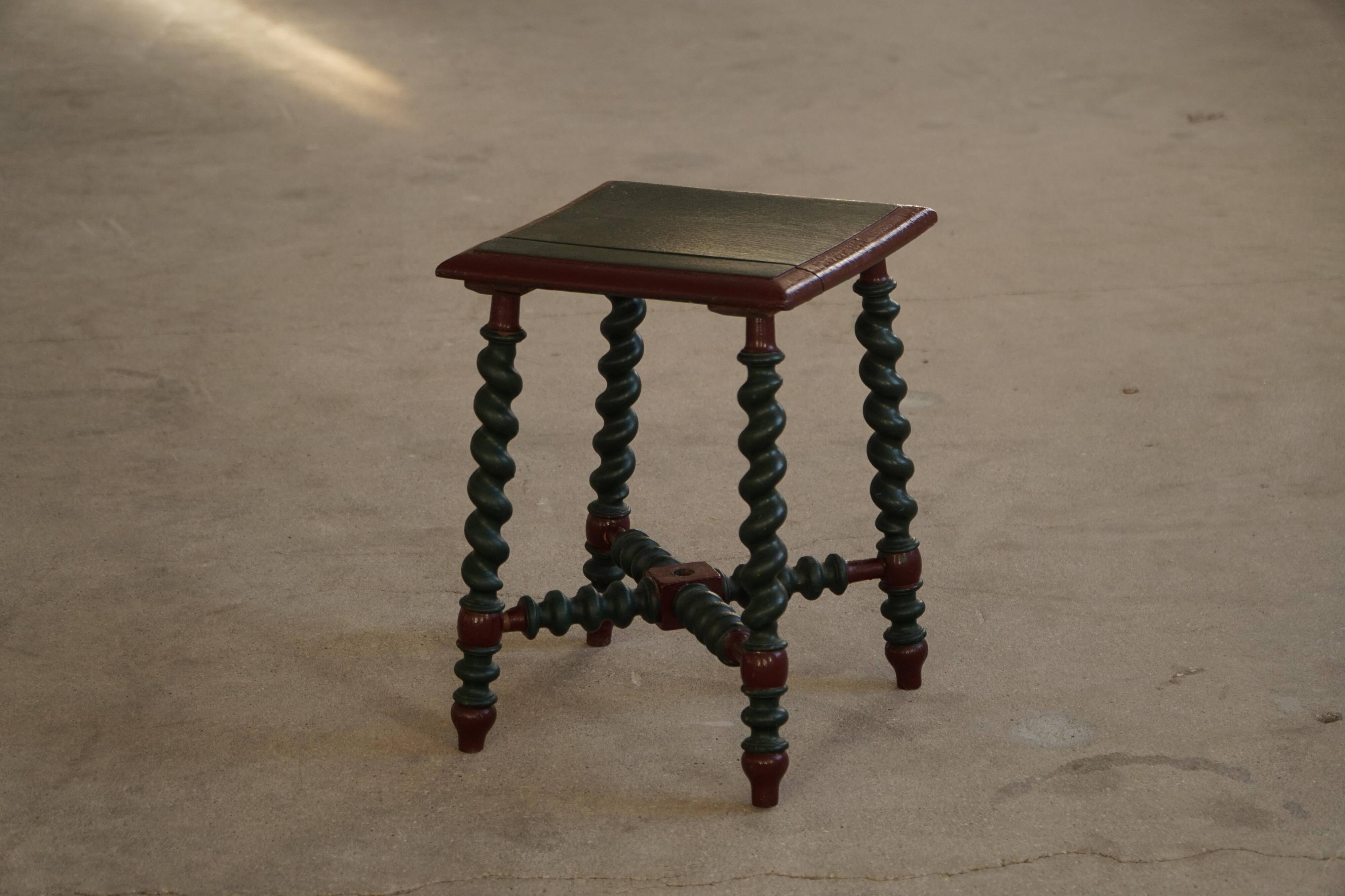 Vintage Scandinavian Stool Painted in Dark Green and Dark Red Wood, Folk Style, 1940s