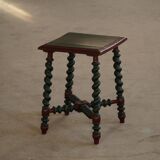Vintage Scandinavian Stool Painted in Dark Green and Dark Red Wood, Folk Style, 1940s