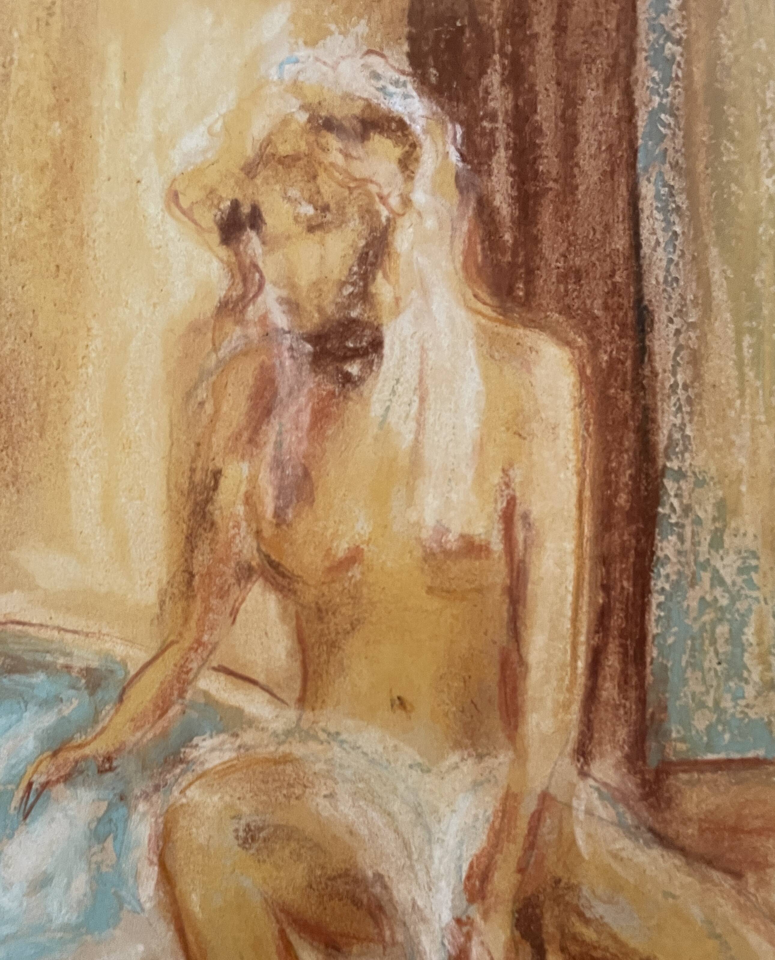 Signed pastel painting "The Bath" featuring a female portrait.