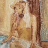 Tableau signé pastel  portrait féminin « le bain »