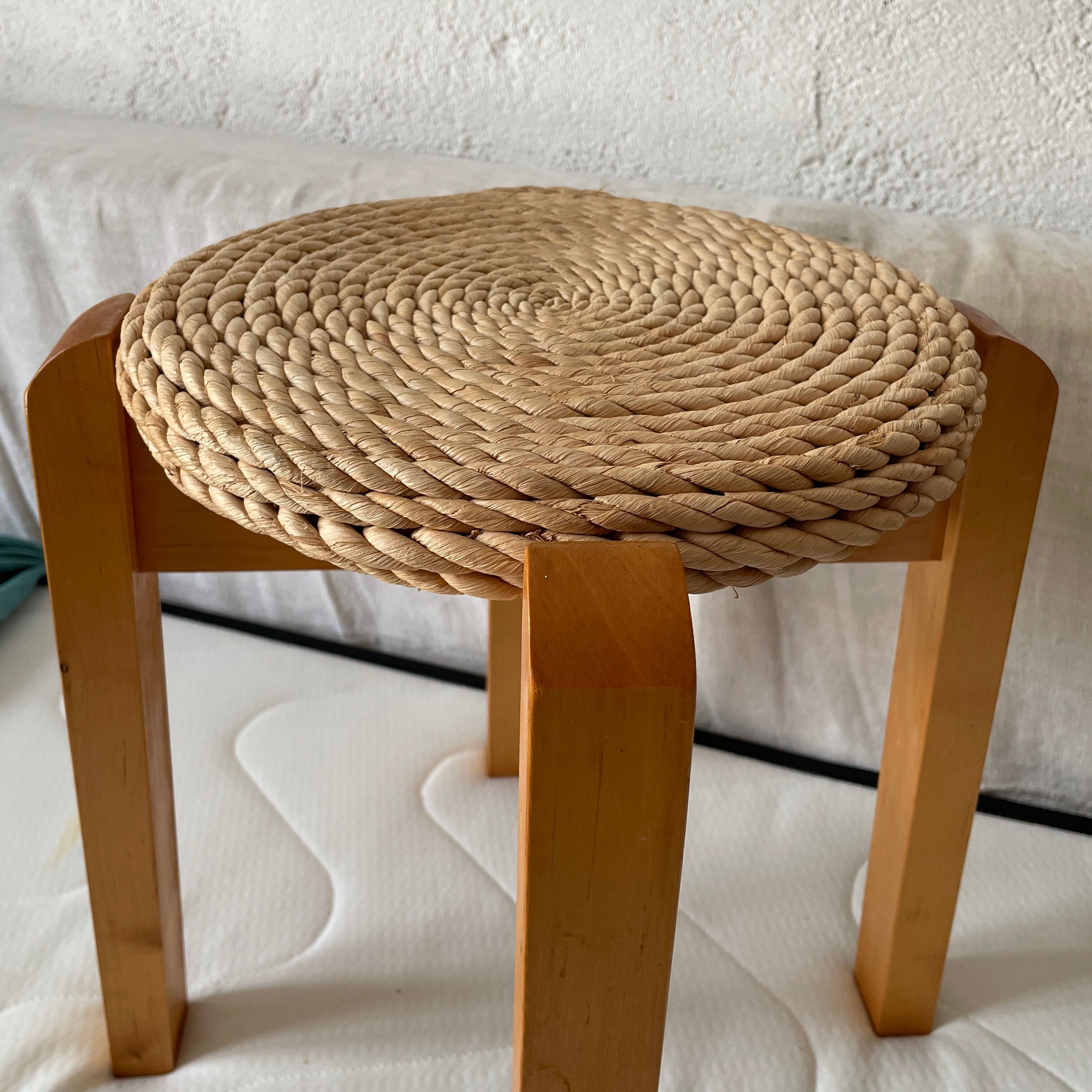 Tabouret design scandinave bois et corde 1970